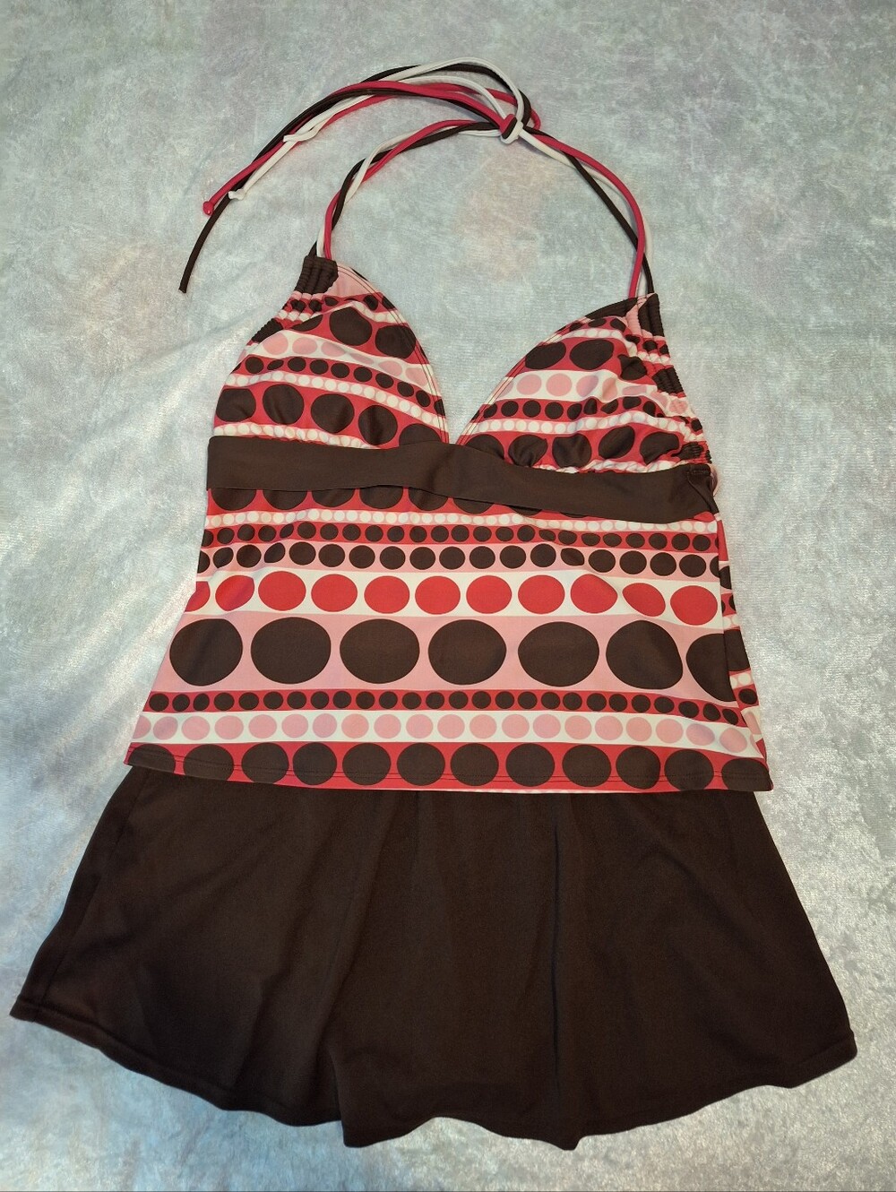 Tankini Halter neck skirted Wmns Size 16 a.n.a. Pink Coral Brown White polka dot - Picture 2 of 9